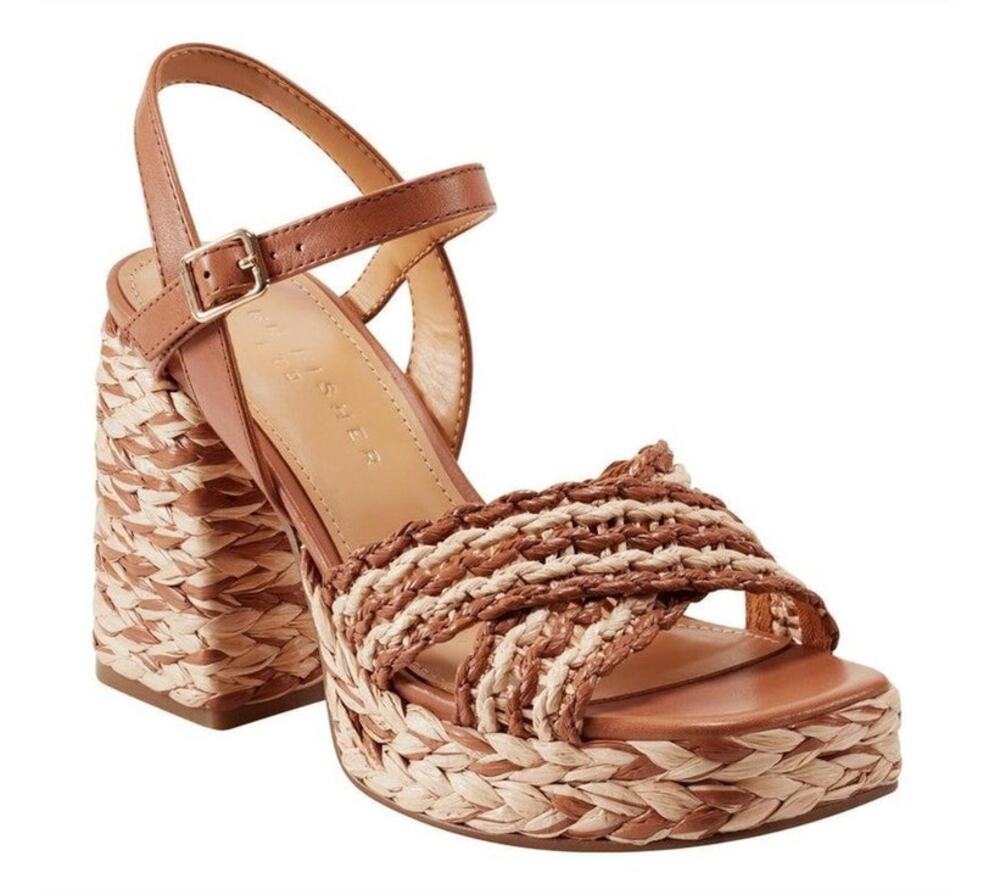 NIB Marc Fisher Juliey Woven Block Heel Platform Sandals Tan/Beige 8M